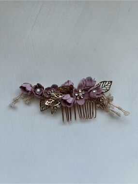 Preowned Delicate Mauve Floral Hair Piece Accessory Gold Leaves Wedding Events